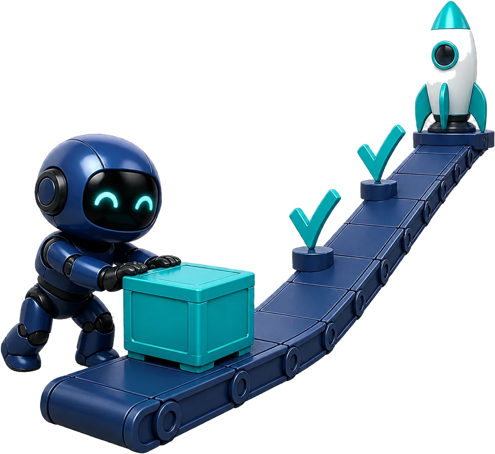 Mascot pushing a delivery along a pipeline whose stages validate one after another